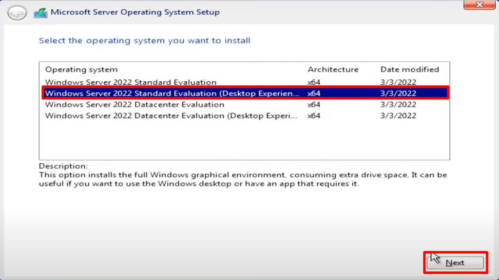 Windows Server 2022 Setup menu